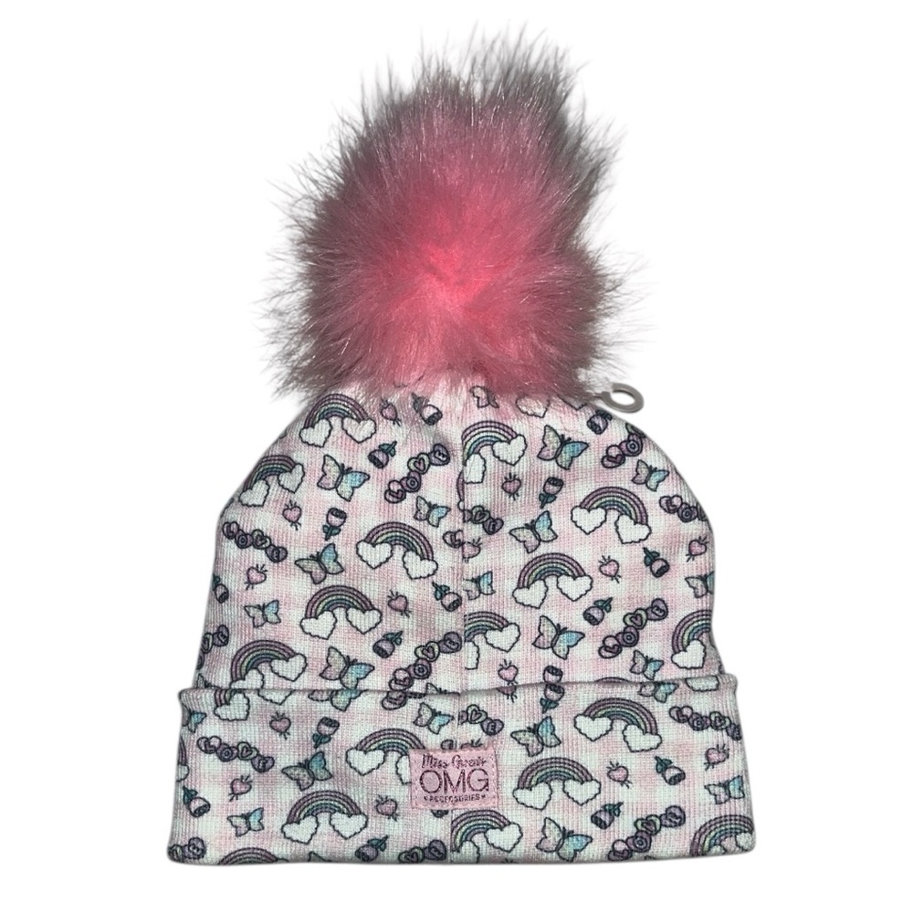Miss Gwen’s OMG beanie hat for little girls with pink Pom Pom & butterfly patch
